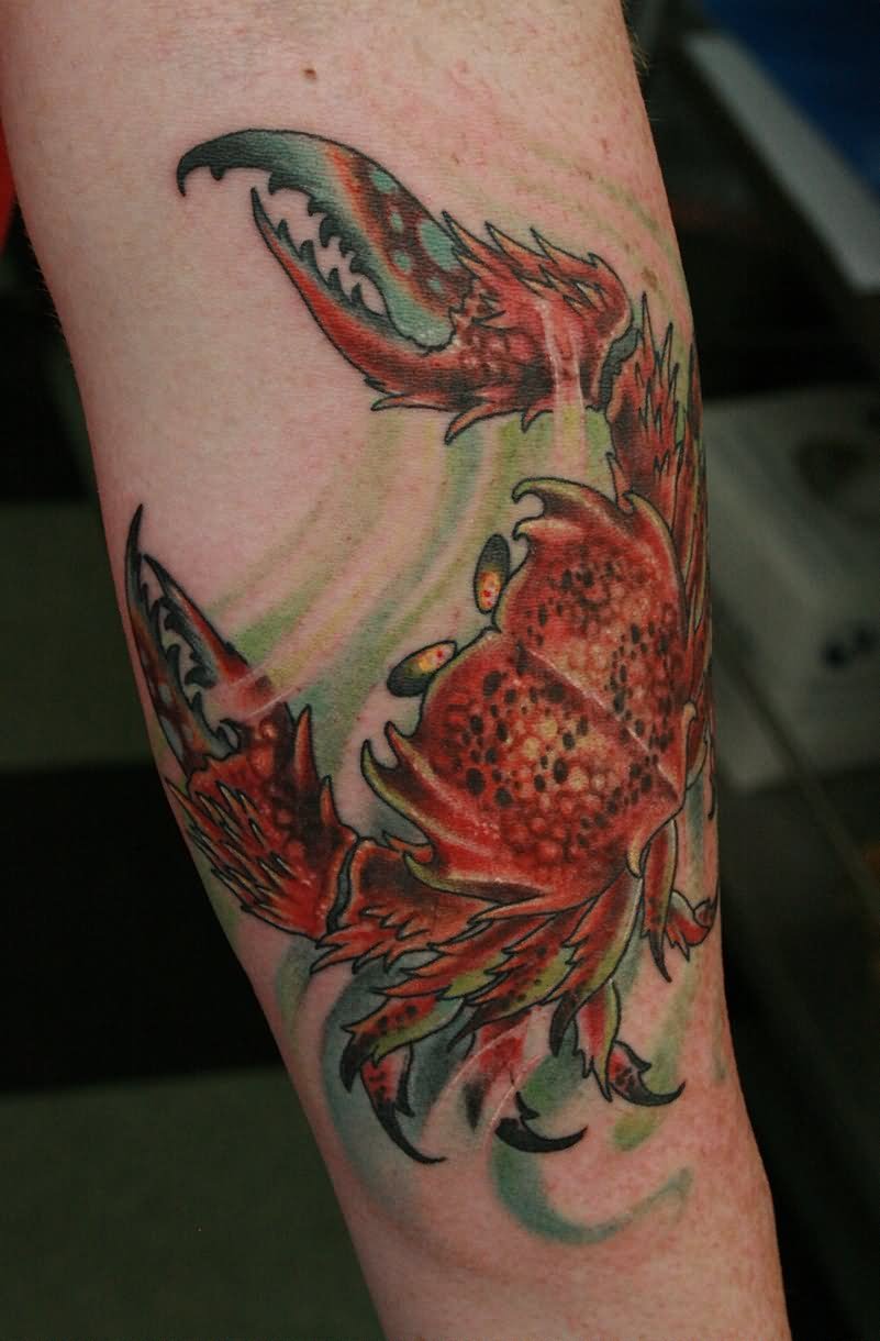 Beautiful Cancer Crab Tattoo On Arm Sleeve