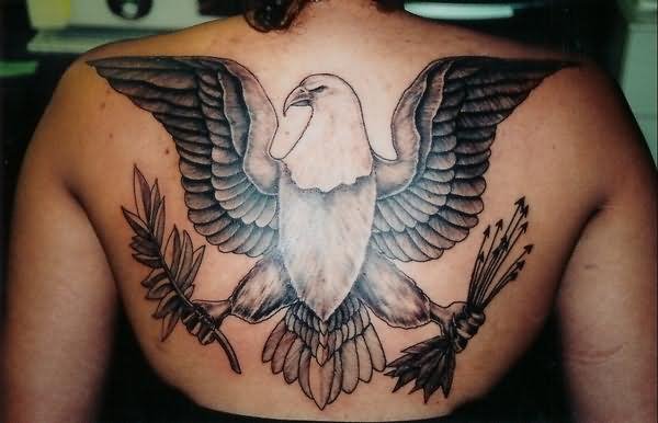 Best Black Ink American Eagle Tattoo On Upper Back
