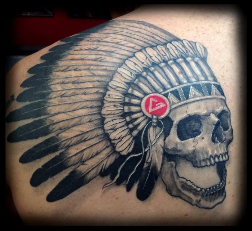 Black And Grey 3D Native American Skull Tattoo Design