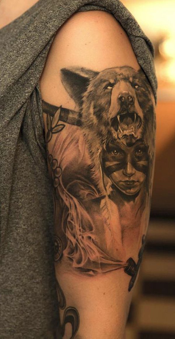 Black And Grey Native American Wolf Head Girl Tattoo On Half Sleeve