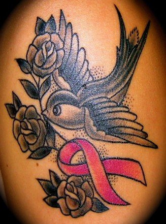 Black And Grey Rose Flowers And Flying Bird Cancer Tattoo Design