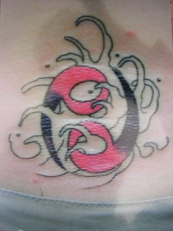 Black And Red Ink Cancer Zodiac Symbol Tattoo On Lower Back