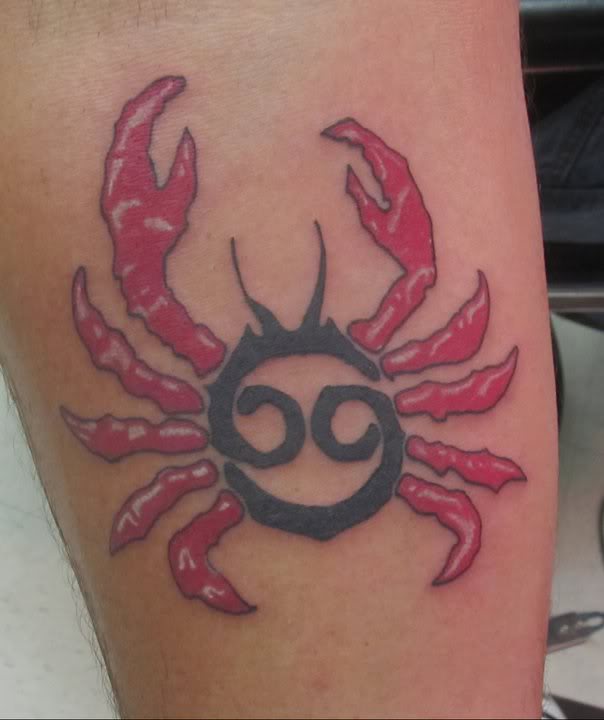 Black And Red Ink Cancer Zodiac Tattoo