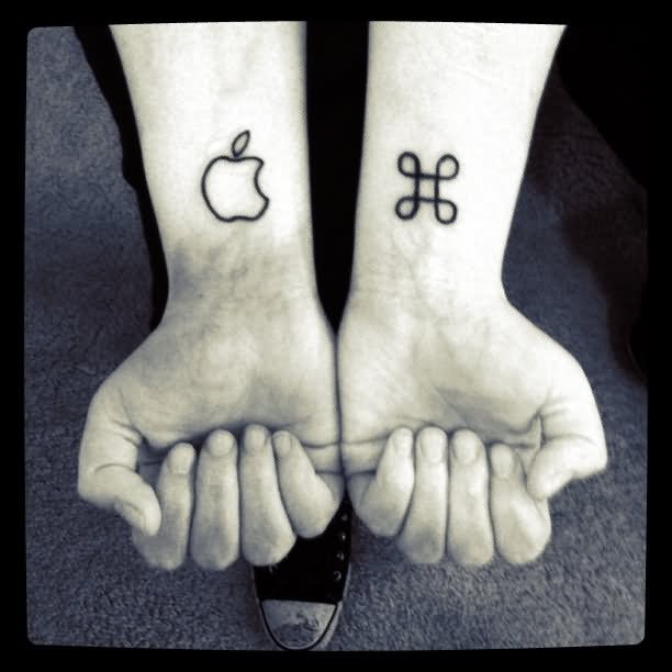 Black Apple Logo And Command Symbol Tattoo On Both Wrist