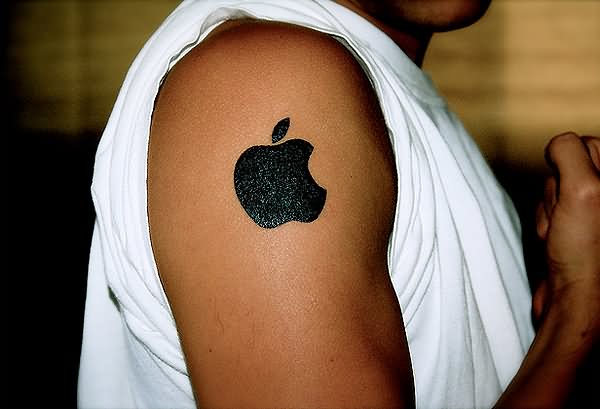Black Apple Logo Tattoo On Shoulder