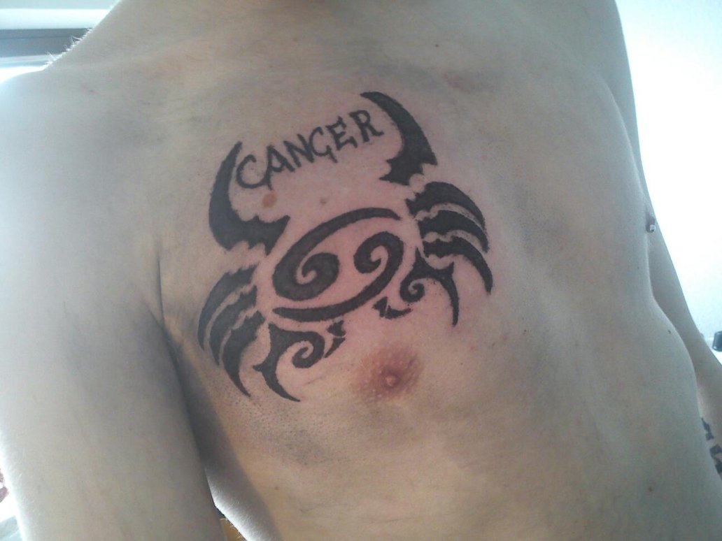Black Cancer Zodiac Sign Tattoo On Chest