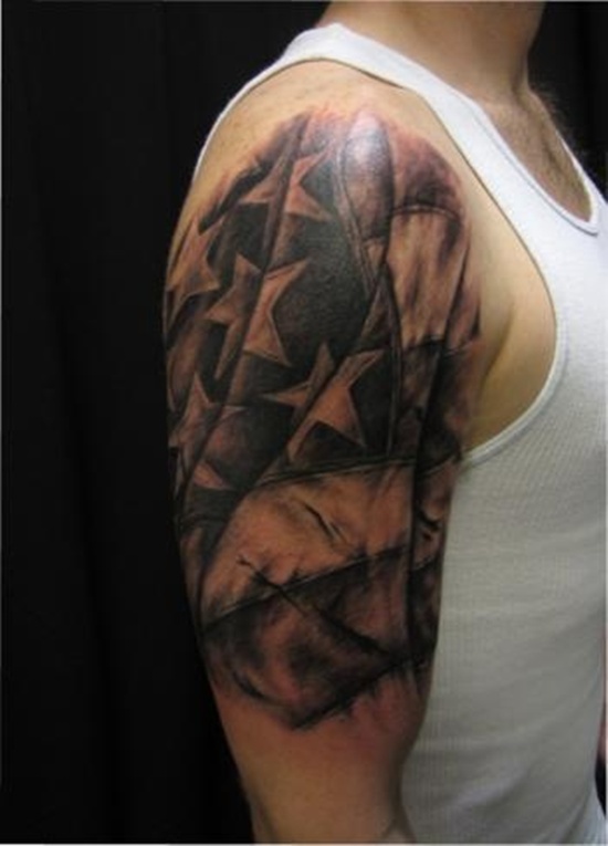 Black Ink American Flag Tattoo On Man Right Half Sleeve