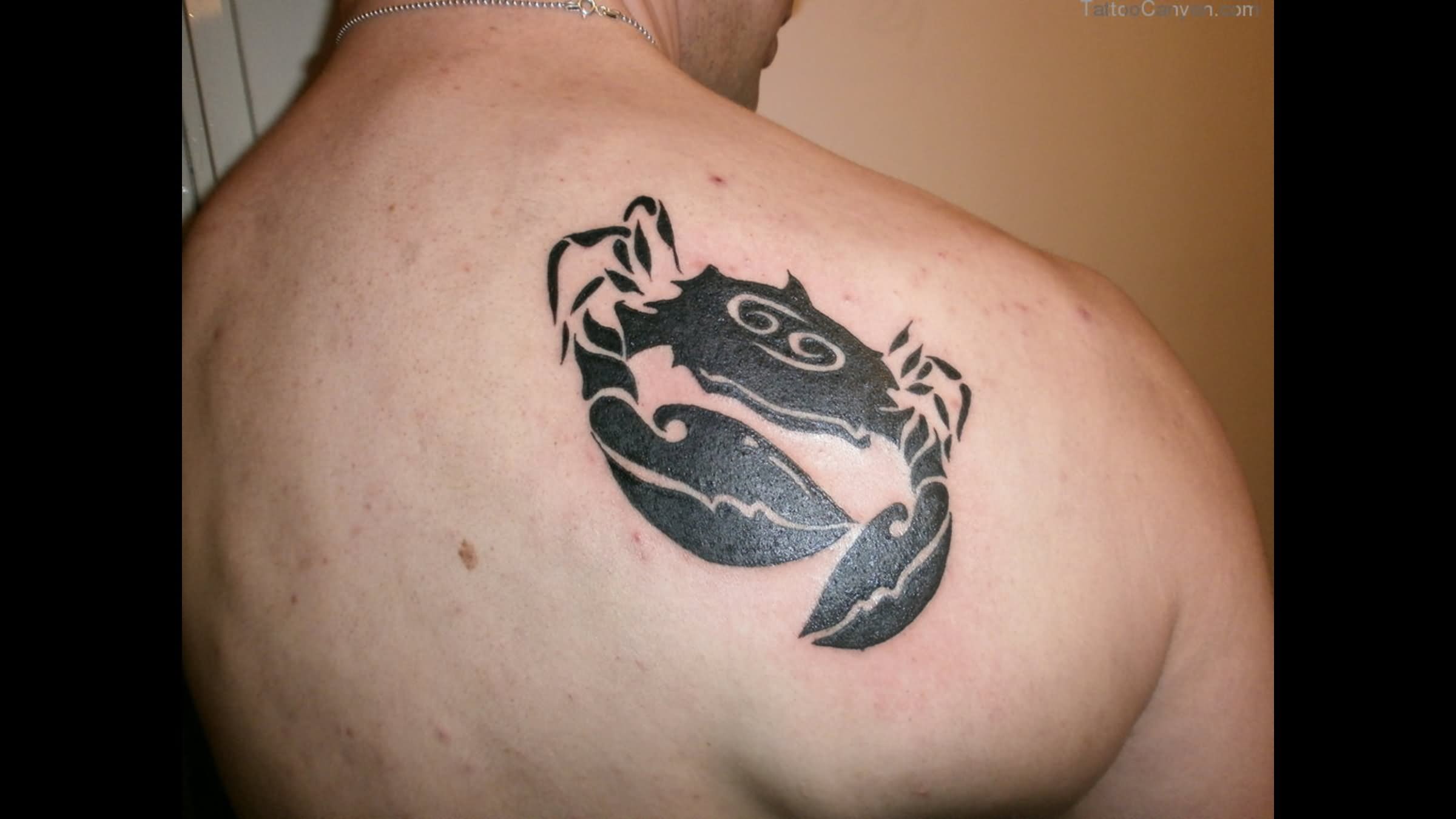 Black Ink Cancer Crab Tattoo On Right Back Shoulder