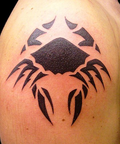 Black Ink Cancer Crab Tattoo On Shoulder