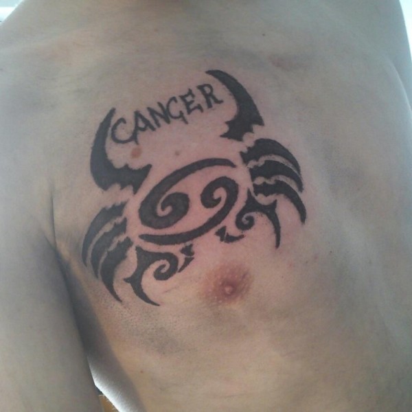 Black Ink Cancer Tattoo On Chest For Men