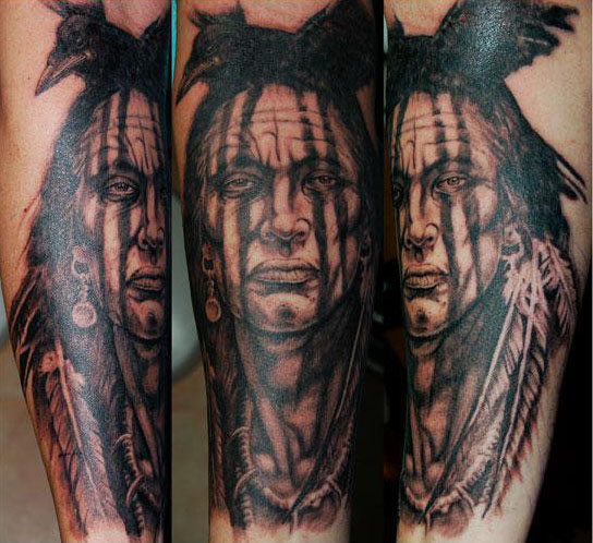 Black Ink Native American Man Head Tattoo Design For Arm