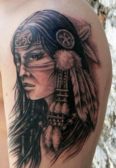 Black Ink Native American Women Face Tattoo On Shoulder