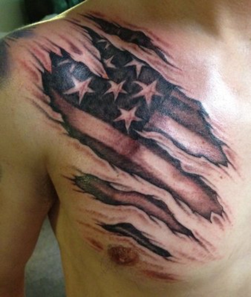 Black Ink Ripped Skin American Flag Tattoo On Man Right Front Shoulder