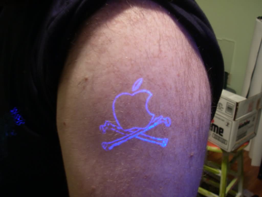 Black Light Danger Apple Logo Tattoo On Shoulder