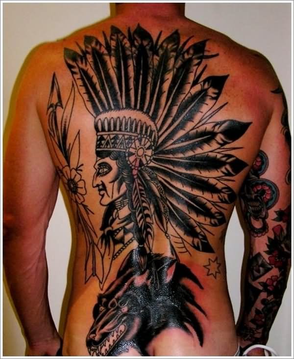 Black Native American Man Head Tattoo On Man Full Back