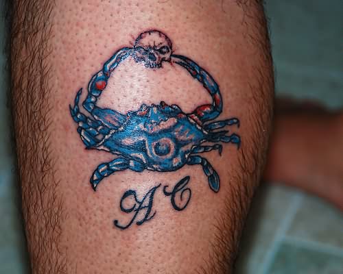 Blue Cancer Crab Tattoo On Leg For Men