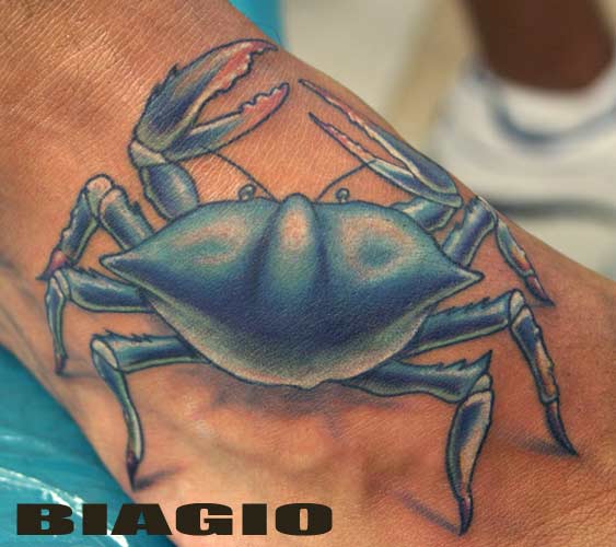 Blue Ink Cancer Crab Tattoo On Right Foot