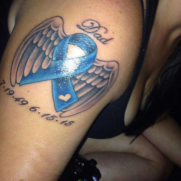 Blue Ribbon With Angel Wings Memorable Cancer Tattoo On Right Shoulder