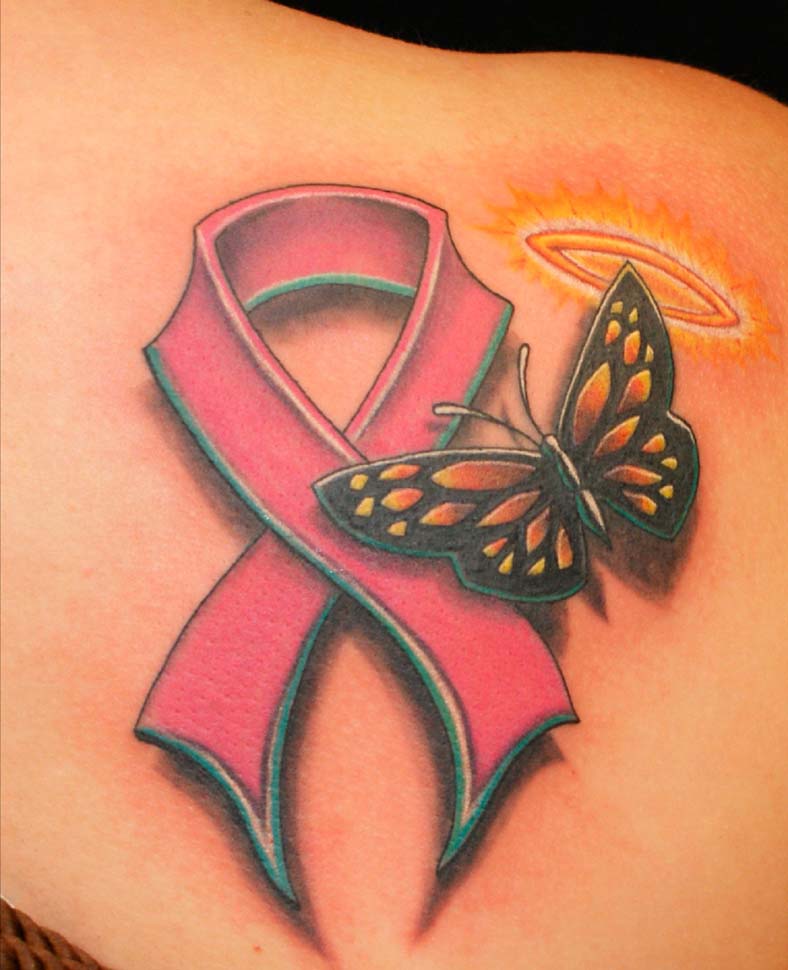 Butterfly And Cancer Ribbon Tattoo On Back Shoulder