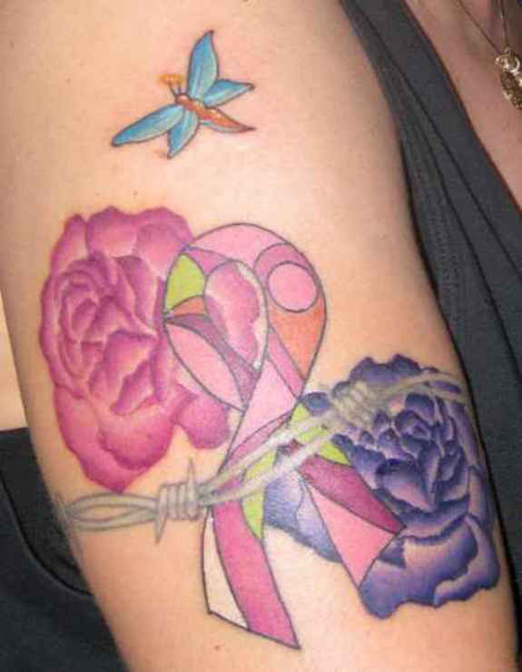 Butterfly And Cancer Tattoo On Right Half Sleeve
