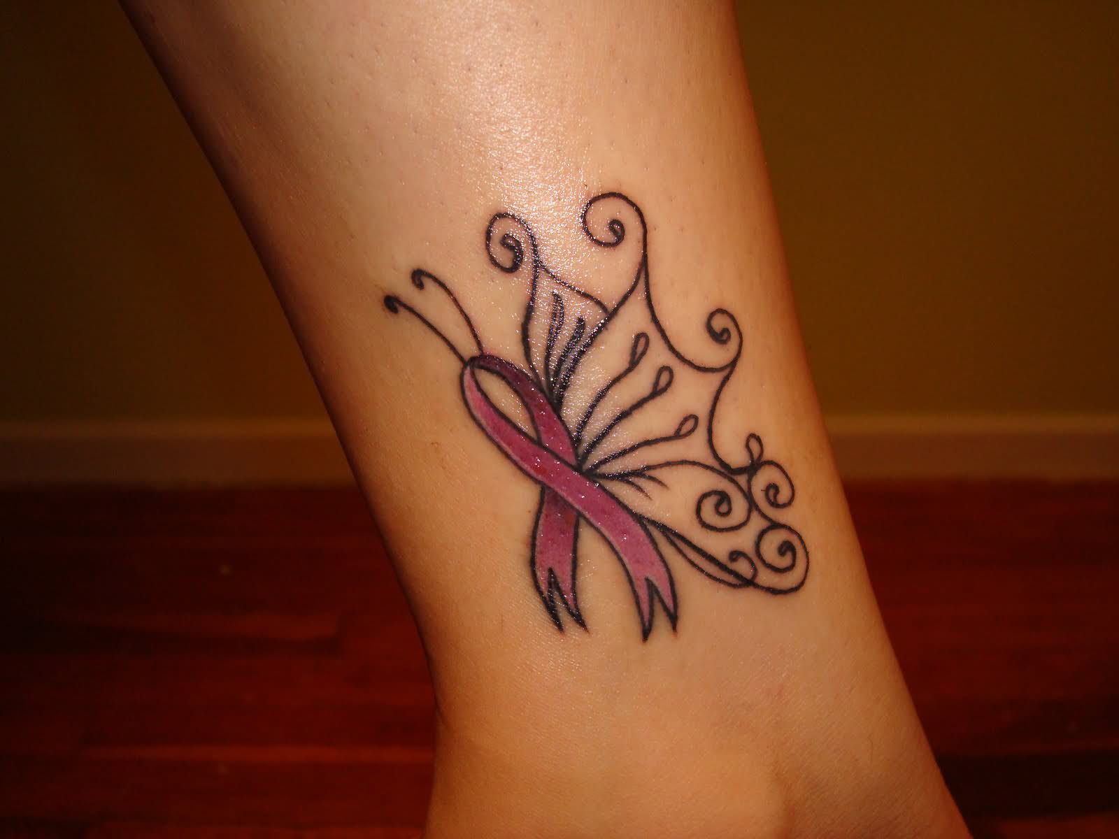 Butterfly Wings Ribbon Cancer Tattoo On Leg For Girls