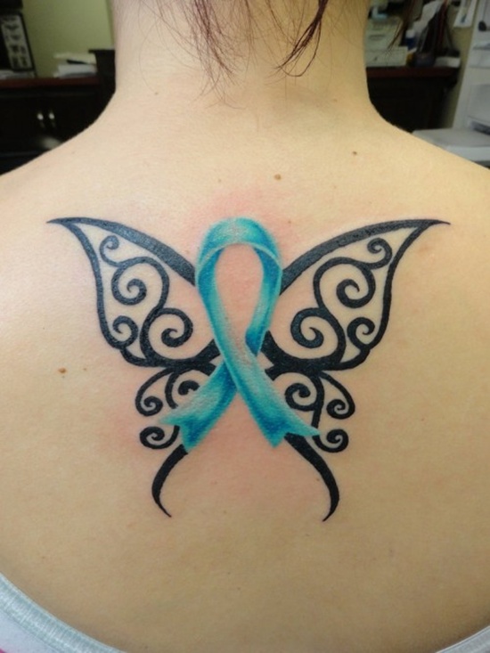 Butterfly With Cancer Ribbon Tattoo On Girl Upper Back
