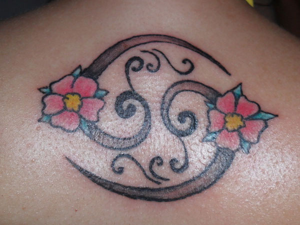 Cherry Blossom Flowers And Cancer Zodiac Tattoo On Upper Back