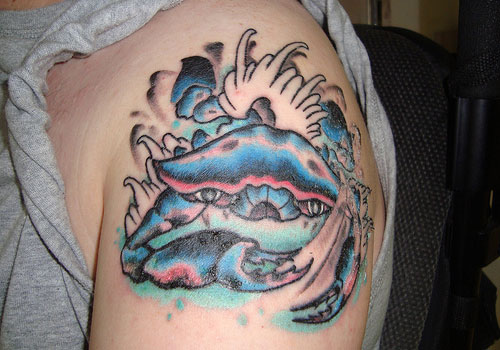 Color Cancer Crab Tattoo On Left Shoulder