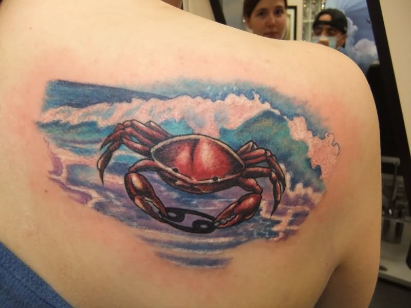 Colored Crab Cancer Tattoo On Right Back Shoulder