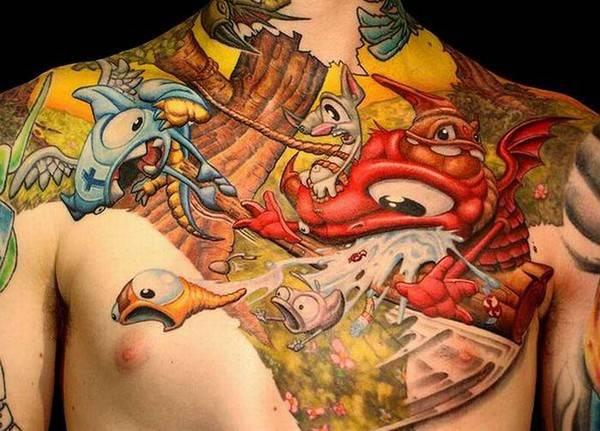 Colorful Animated Cartoons Tattoo On Man Chest