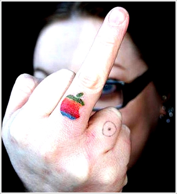 Colorful Apple Logo Tattoo On Finger