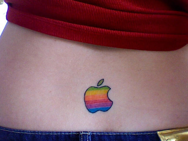 Colorful Apple Logo Tattoo On Lower Back