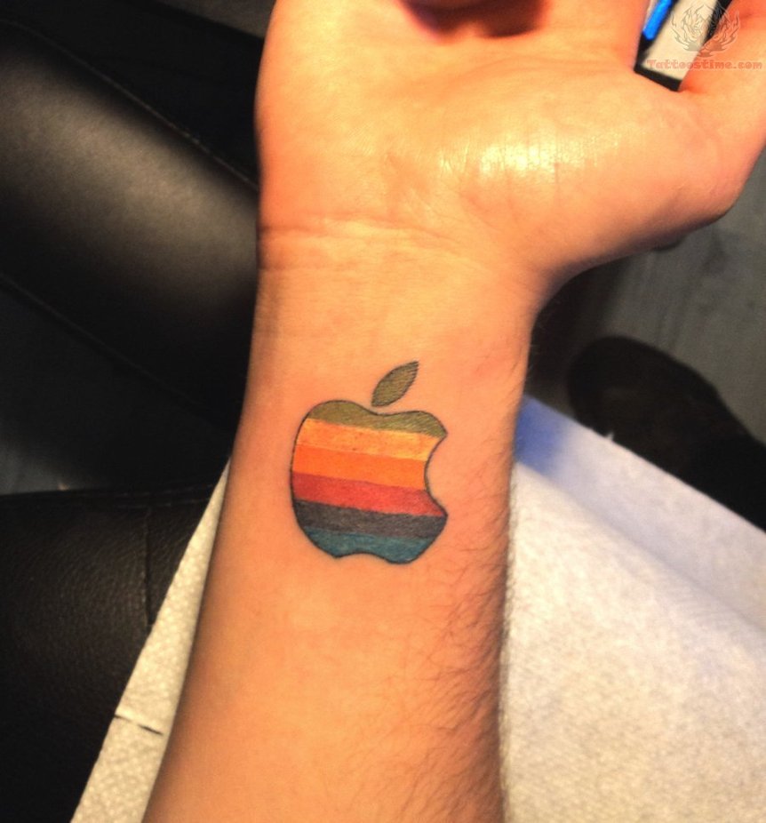 Colorful Apple Logo Tattoo On Wrist