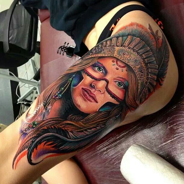 Colorful Native American Girl Head Tattoo On Side Thigh