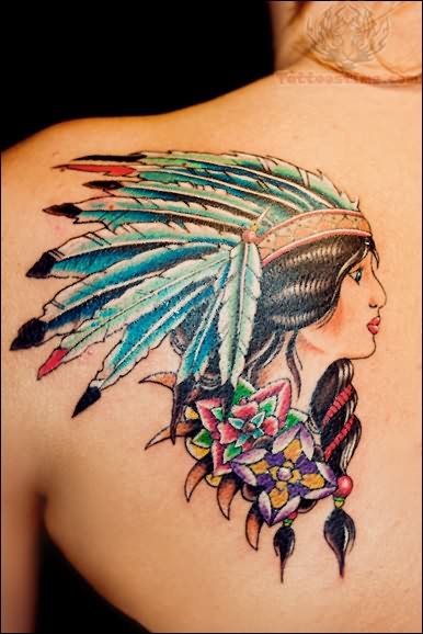 Colorful Native American Girl Head With Flowers Tattoo On Left Back Shoulder