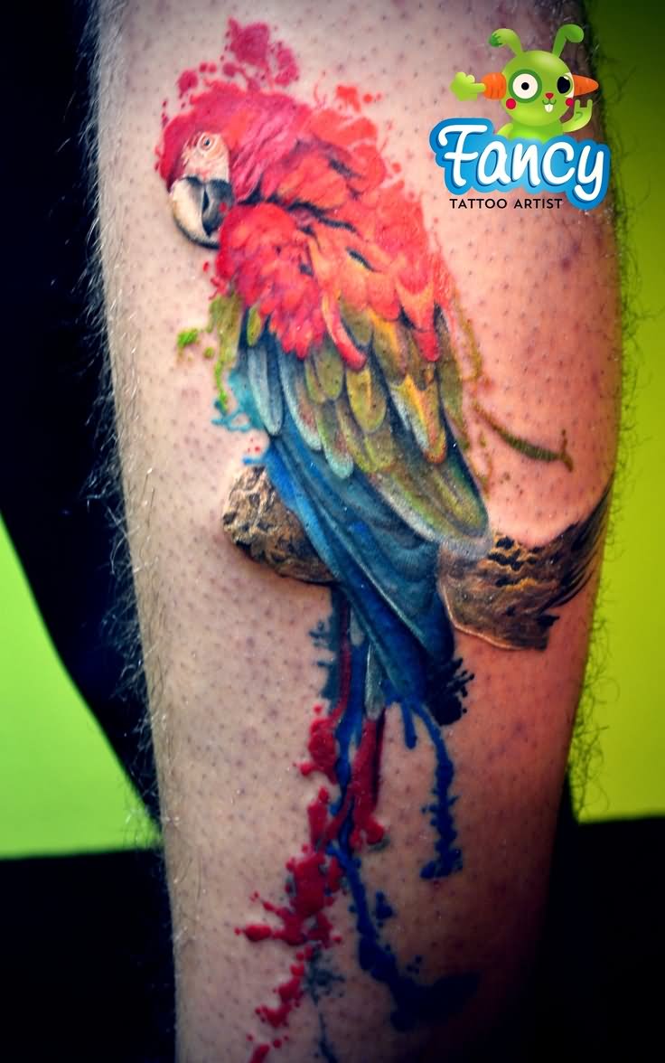 Colorful Parrot Tattoo Design For Leg