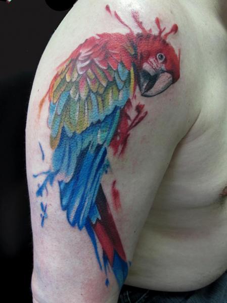 Colorful Parrot Tattoo On Man Right Shoulder
