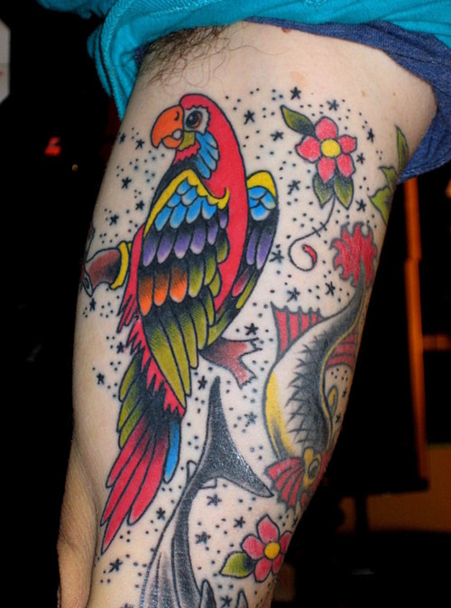 Colorful Parrot With Fish And Flowers Tattoo Design For Half Sleeve