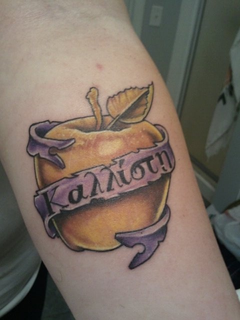 Cool Apple With Banner Tattoo Design For Sleeve