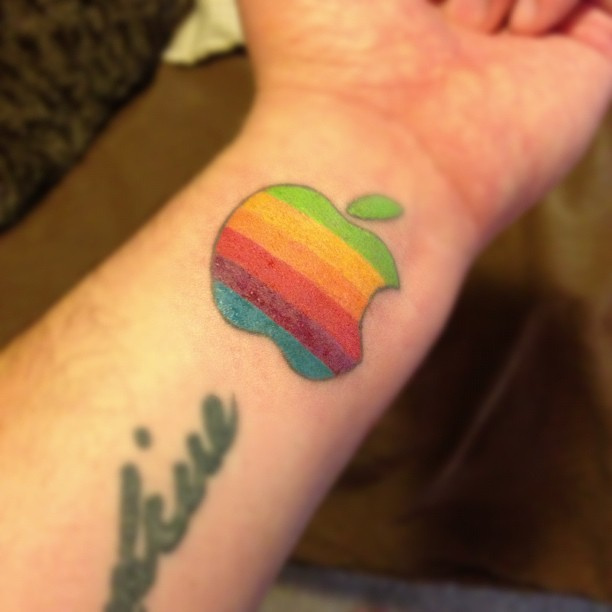 Cool Colorful Apple Logo Tattoo On Wrist