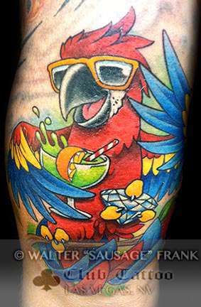 Cool Parrot Drinking Juice Tattoo Design