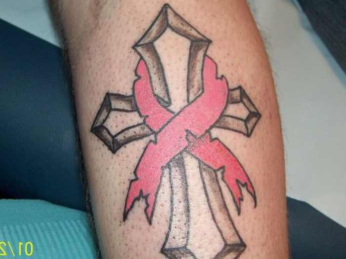 Cross And Cancer Ribbon Tattoo On Leg