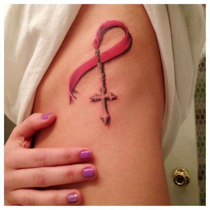 Cross And Ribbon Cancer Tattoo On Girl Side Rib