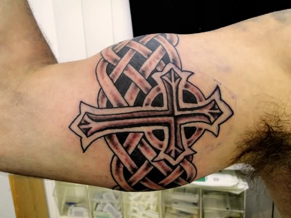 Cross With Celtic Armband Tattoo On Bicep