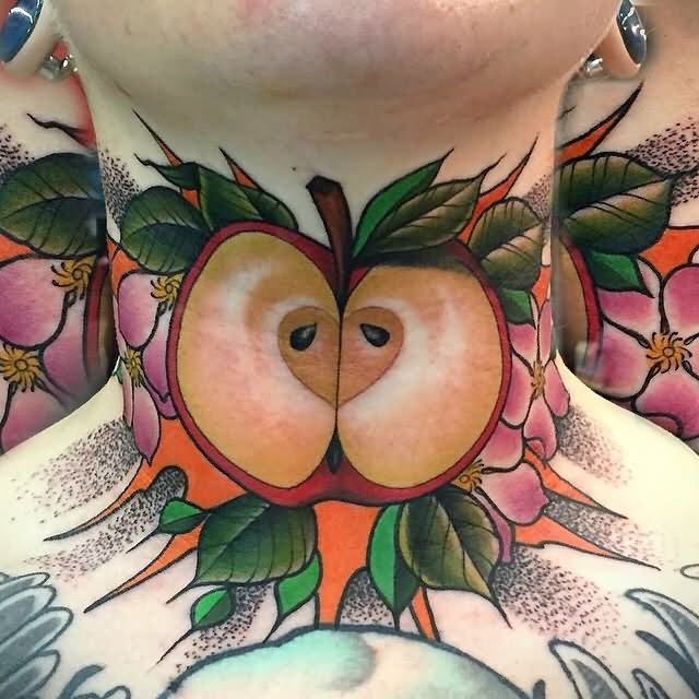 Cut Apple Tattoo On Man Neck
