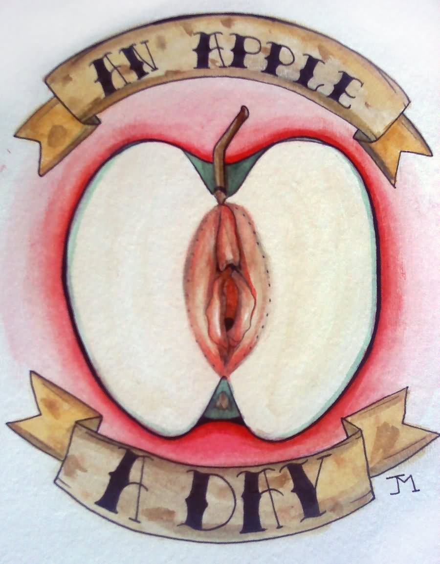 Cut Apple With Banner Tattoo Design