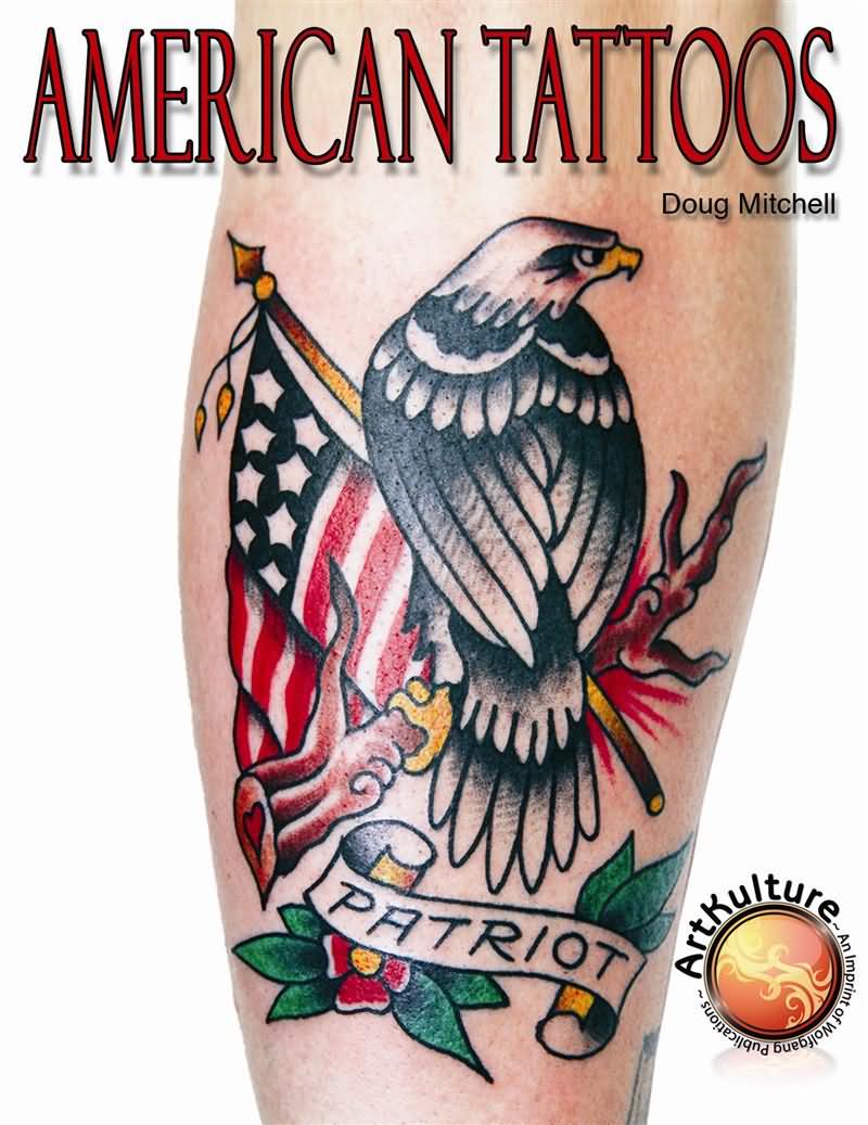 Eagle With American Flag And Banner Tattoo Design
