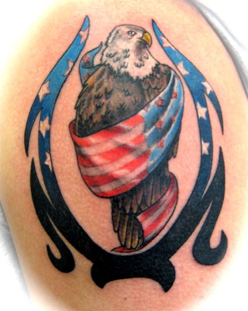 Eagle Wrapped With American Flag Tattoo Design For Shoulder