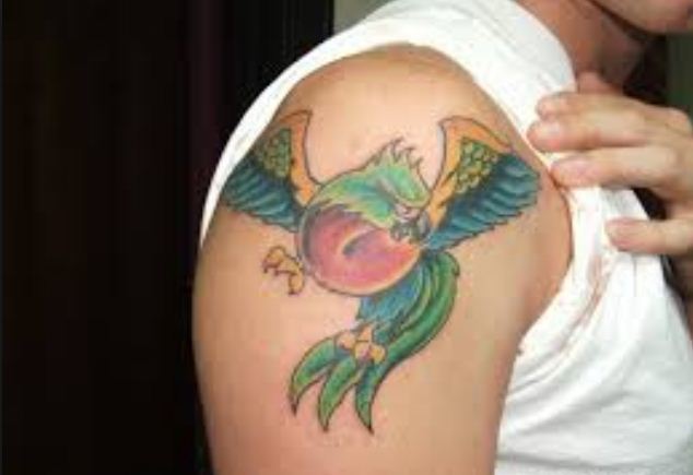 Flying Parrot Tattoo On Right Shoulder