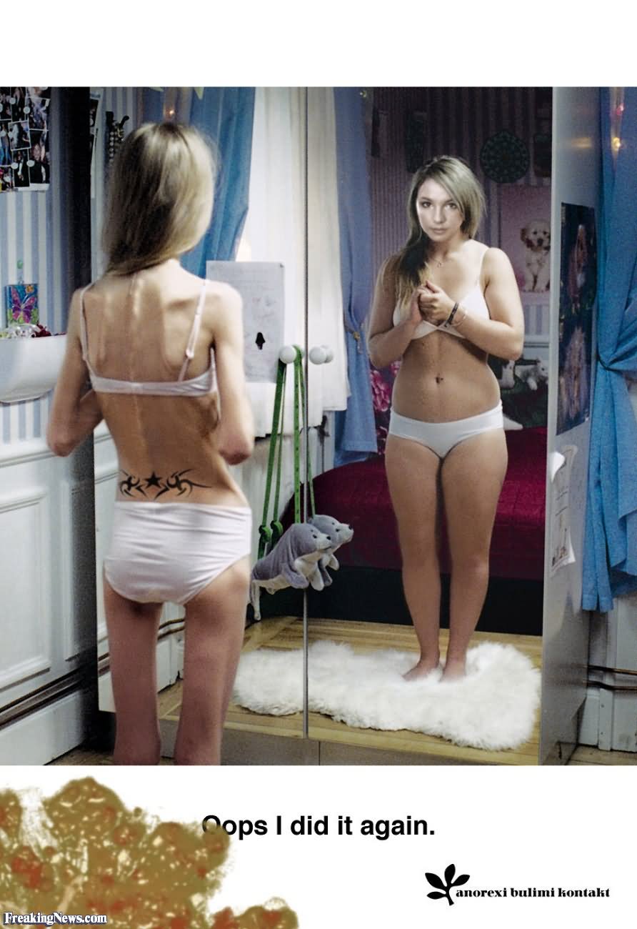 Funny Skinny Girl In Mirror Looking Fat